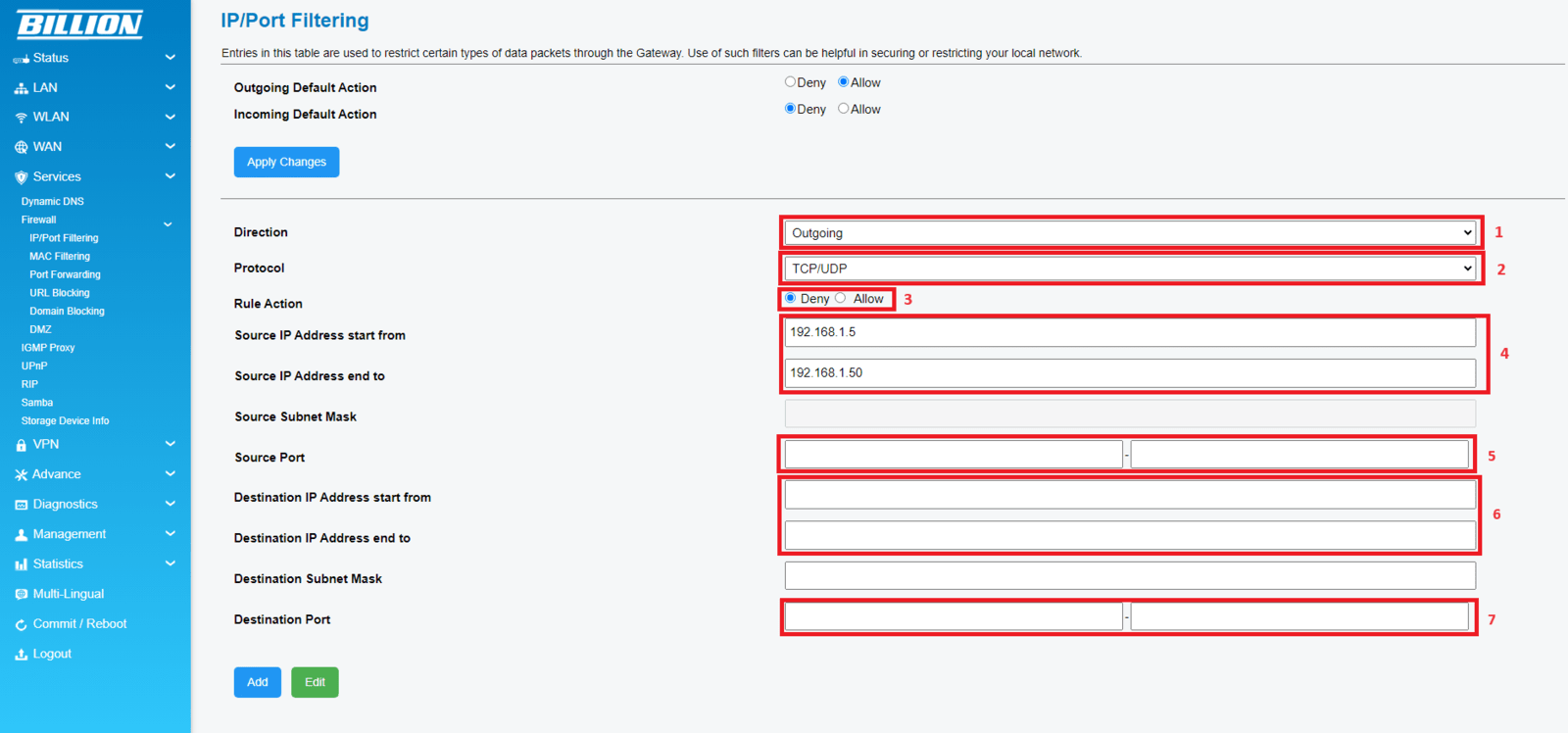 Billion BiPAC 82XX Serisinde IP/Port Filtreleme Nasıl Yapılır? Simet